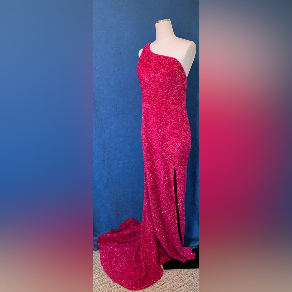 OneShoulder Column Sequin Gown Train Fuchsia Magenta Hot Pink Statement